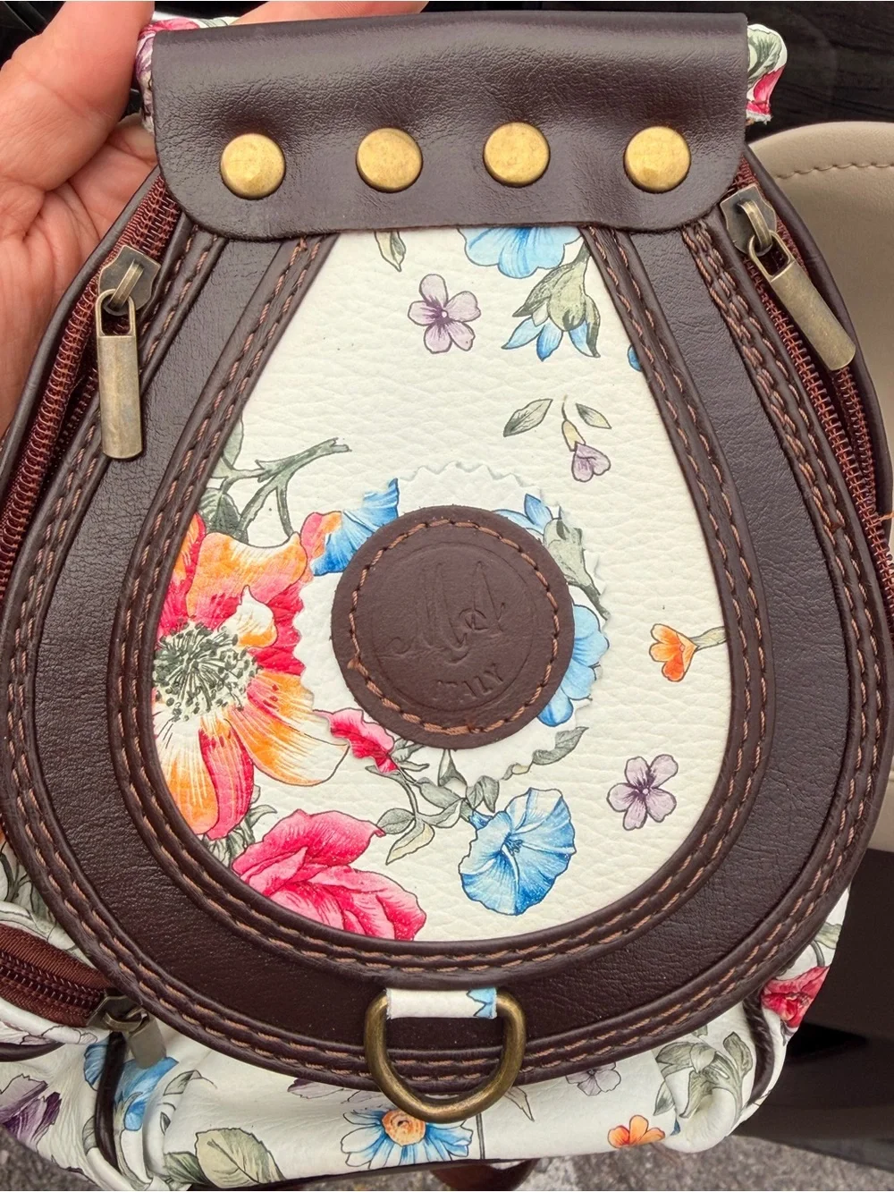 Floral Mini Backpack - White Floral with Brown Trim